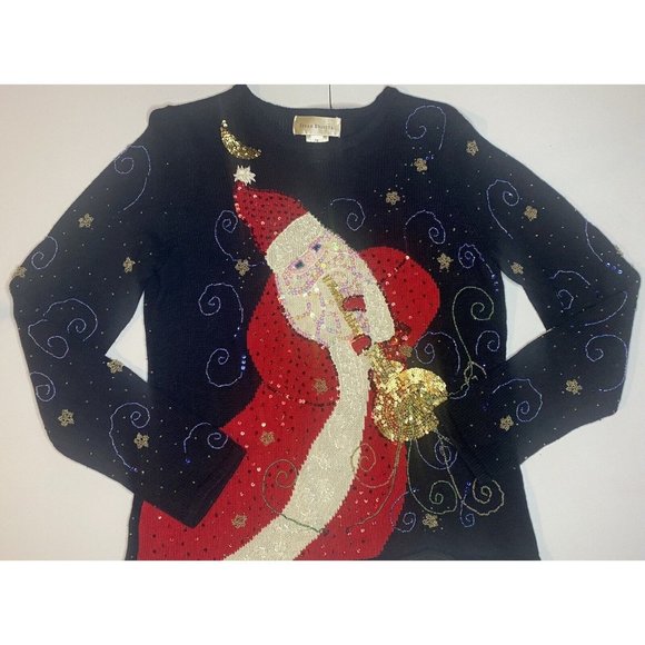 Susan Bristol Ugly but COOL Christmas Sweater Jazz Santa Sequins Festive Size M - Picture 1 of 7